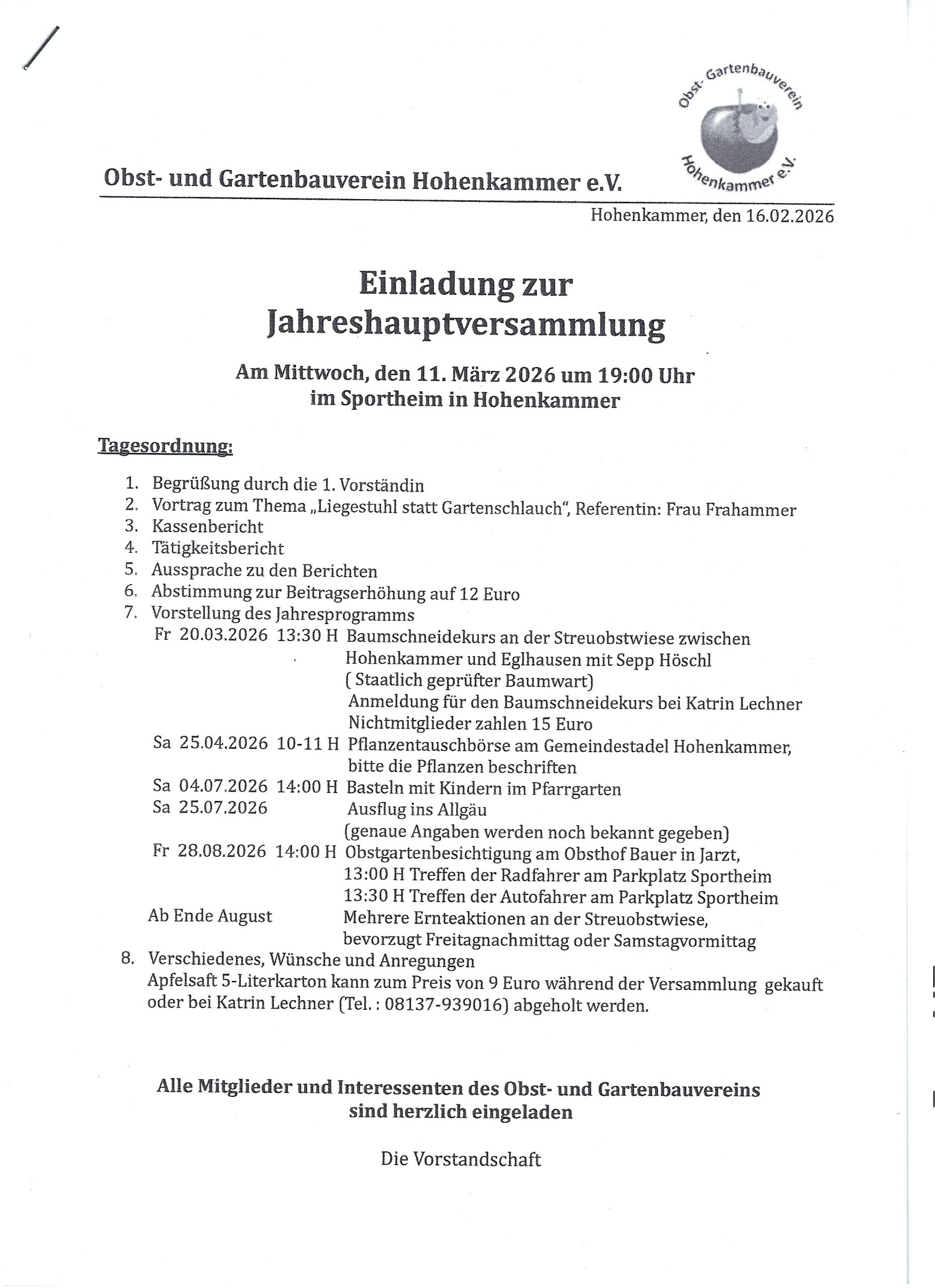 Jahreshauptversammlung 2026 @ Sportheim Hohenkammer