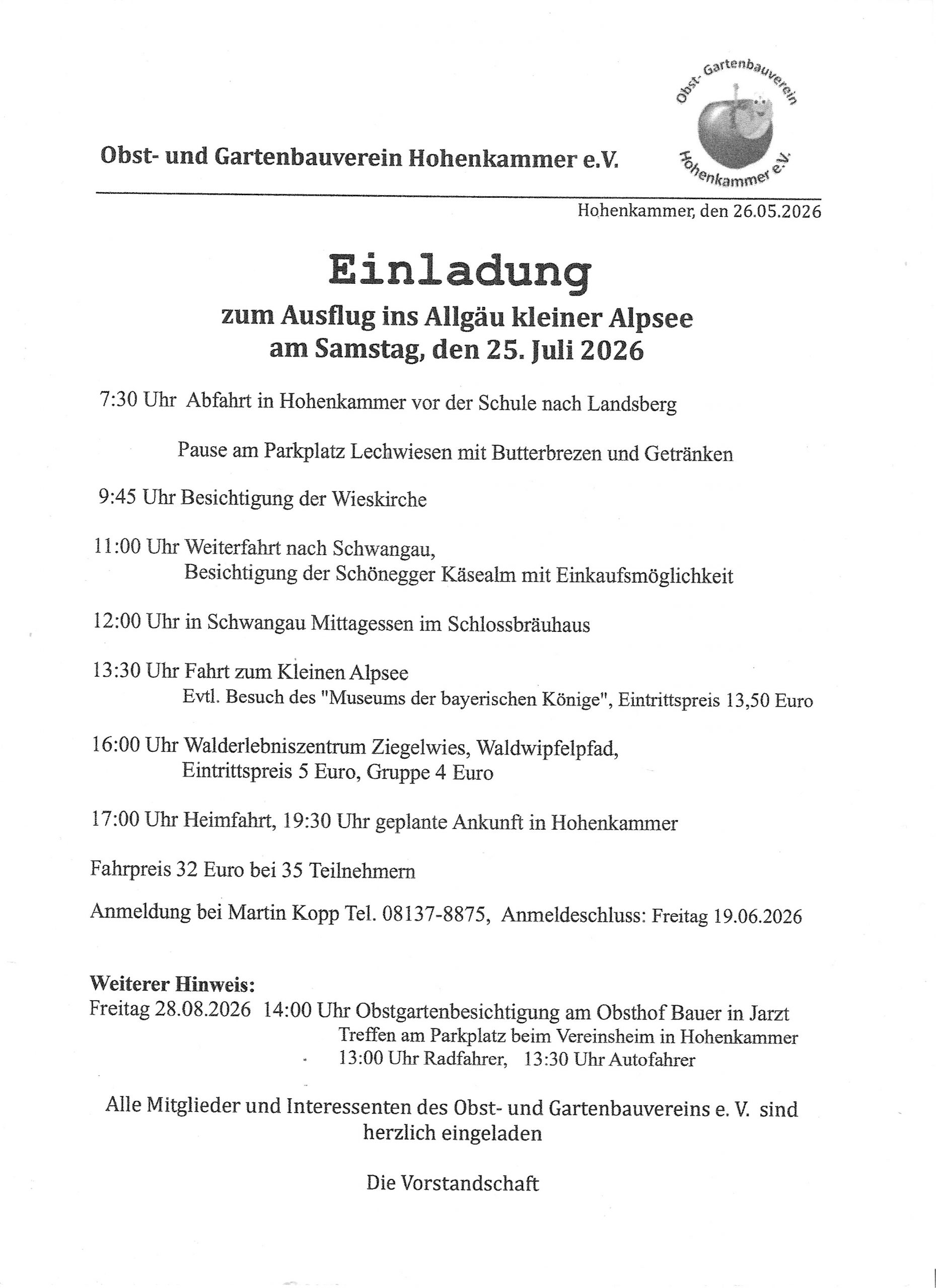 Vereinsausflug ins Allgäu am 25. Juli 2026